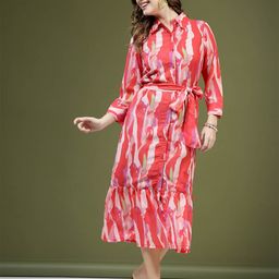 plusS Pink Abstract Printed Shirt Midi Dress With Belt-picture-9