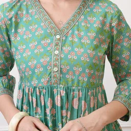Vishudh Green Floral Print Fit and Flare Midi Dress image 2