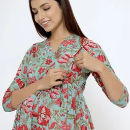 CRAFIQA Floral Printed Fit & Flare Pure Cotton Maternity Midi Dress image 2