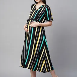 MomToBe Striped V-Neck Maternity Midi A-Line Sustainable Dress With Belt image 5