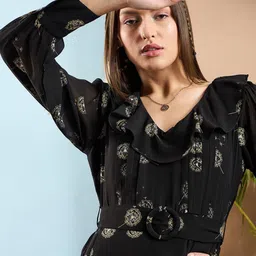 SASSAFRAS Black Floral Printed Ruffled A-Line Midi Dress image 2