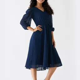 SIDYAL Chevron Self Design Puff Sleeve Georgette Fit and Flare Midi Dress image 3