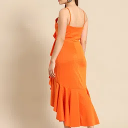 DODO & MOA Orange Shoulder Straps Ruffled Scuba A-Line Midi Dress image 4
