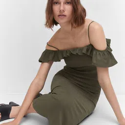 MANGO Off-Shoulder Ruffled Bodycon Midi Dress image 4