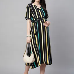 MomToBe Striped V-Neck Maternity Midi A-Line Sustainable Dress With Belt image 4