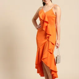 DODO & MOA Orange Shoulder Straps Ruffled Scuba A-Line Midi Dress image 5