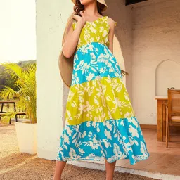 Athena Lime Green Floral Printed Smocked Tiered A-Line Midi Dress image 5