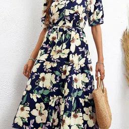 StyleCast Blue & White Floral Printed Shirt Collar Puff Sleeves Tiered Fit & Flare Dress image 2