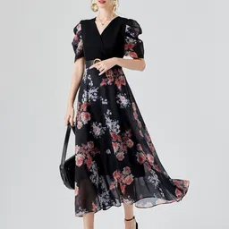 JC Collection Floral Printed Puff Sleeve Fit & Flare Midi Dress image 5