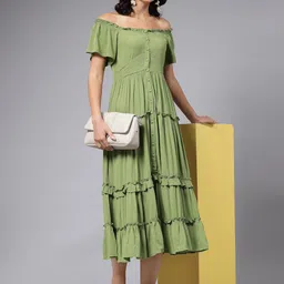 aayu Off-Shoulder Layered Fit & Flare Midi Dress image 5