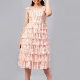 Antheaa Girls Peach Polka Dots Printed Shoulder Straps Layered Fit & Flare Midi Dress image 3