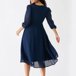 SIDYAL Chevron Self Design Puff Sleeve Georgette Fit and Flare Midi Dress image 5