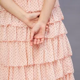 Antheaa Girls Peach Polka Dots Printed Shoulder Straps Layered Fit & Flare Midi Dress image 4