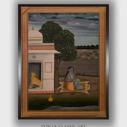 INDIAN CLASSIC ART White & Blue Ascetic Seated On Leopard's Skin Painting Wall Art-image-21