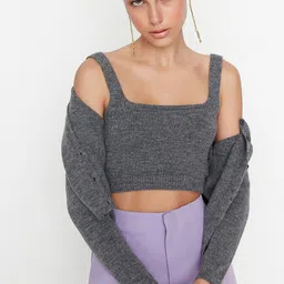 Trendyol Women Charcoal Crop Cardigan-picture-33