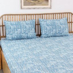 House This Gamathi Blue & White Geometric Printed 144 TC Cotton Super Queen Bedding Set-picture-34