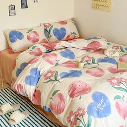JC HOME Peach & Blue 4 Pieces Floral Printed AC Room Double King Bedding Set image 2