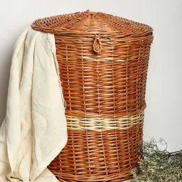 HABERE INDIA Brown Textured Medium Wicker Laundry Storage Basket-image-0