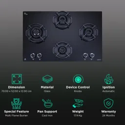 elica Flexi Hexa 470 Lotus Ind Hd Brass Toughened Glass Top 4 Burner Automatic Hob (Multi Flame Burner, Black) image 3