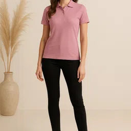 adyavastram Women Solid Polo Neck Cotton Blend Pink T-Shirt-picture-18