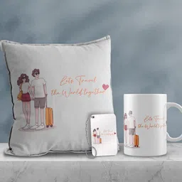ecraftindia Valentine Combo of Colorful Let's Travel The World Together Girl & Boy With Travel Bag Print Cushion & Mug With Keychain Gift Set image 1