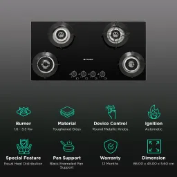 FABER SUPERIA HT904 BR AI Toughened Glass Top 4 Burner Automatic Gas Hob (Fully Concealed Drip Tray, Black) image 3