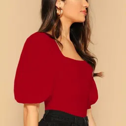 dream beauty fashion Casual Bishop Sleeve Solid Women Red Top image 2