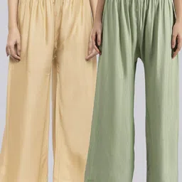 valles365 by s.c. Pack of 2 Women Flared Green, Beige Viscose Rayon Trousers-picture-19