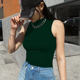 kotty Women Solid High Neck Cotton Blend Dark Green T-Shirt image 4
