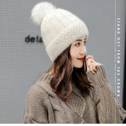 reffer Women's stylish winter woolen cap soft warm fur inside pom-pom on top for girls Woven Beanie image 3