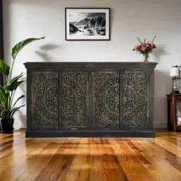 myoon Vintage Solid Wood Hand Carved Sideboard in Dark Brown Finish image 1