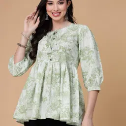 karni fashion Party Regular Sleeves Printed Women Green Top image 1