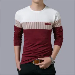 try this Men Colorblock Round Neck Cotton Blend Maroon T-Shirt image 3
