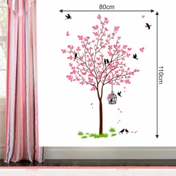 decal o decal 1 cm Wall Decals ' Pink Tree With Birds Cage And Nest '(PVC Vinyl,Multicolour) Self Adhesive Sticker image 4