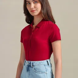 maykr Women Solid Polo Neck Polycotton Red T-Shirt image 2