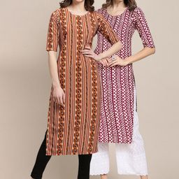 7threads KALINI Women Pack of 2 Brown & Maroon Ethnic Motifs Printed Crepe Kurta-picture-40
