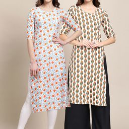 7threads KALINI Women Pack Of 2 Cream & Blue Geometric Printed Block Print Handloom Crepe Kurta-picture-33
