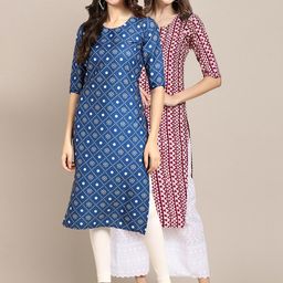 7threads KALINI Women Set Of 2 Blue & Maroon Printed Crepe Kurta-picture-16