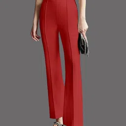 Women Regular Fit Red Cotton Blend Trousers-image-82