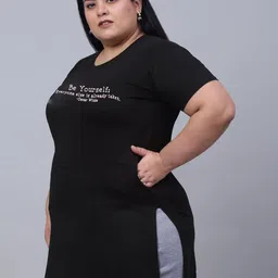 trend level Women Printed, Typography Round Neck Reversible Cotton Blend Black T-Shirt image 3