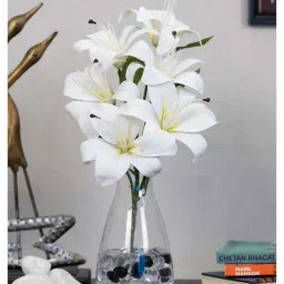 casacraft from pepperfry Elegant Artificial White Lily Flower Bunch Real Touch Decorative Bouquet For Home & Events (White)-picture-28