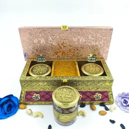 aaradhyacrafts MDF Dry Fruit Box with Golden Embossed Metal Sheet & Fabric Floral Design Wood Decorative Platter image 3
