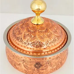 indian art villa Steel Copper Casserole/Hot Pot With Deep Embossed Design & Brass Knob, 1000 ML Serve Casserole image 3