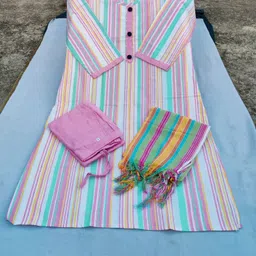 dream world fashion Khadi Cotton Kurti Pant with Dupatta Striped Kurta, Trouser/Pant & Dupatta Set-picture-11