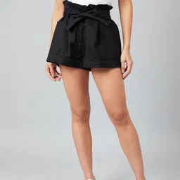 Solid Women Denim Black Regular Shorts-image-66