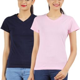 ap'pulse Pack of 2 Women Solid V Neck Cotton Blend Dark Blue, Pink T-Shirt-picture-8