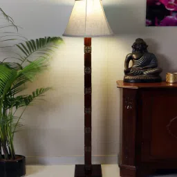 nakshikathaa Beige Cotton Shade Club Floor Lamp With Mango wood Base image 1