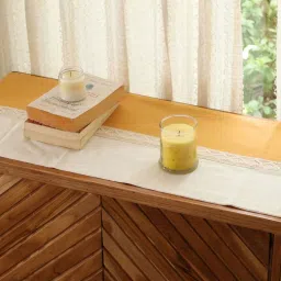 peepul tree Elegant Weave Pure Cotton & Crochet Table Runner in Mustard & Off White (14x60inches) image 4