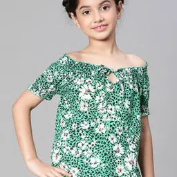 Oxolloxo Girls Floral Printed Off-Shoulder Smocked Tie-Up Detail Bardot Top-image-32