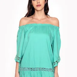 250 DESIGNS Blue Solid Off-Shoulder Lace Bardot Top-image-60